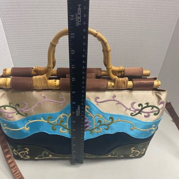 PRESTON & York Embroidered Satin Fabric Handbag With Bamboo Handles Shoulder Tot - Picture 9 of 12